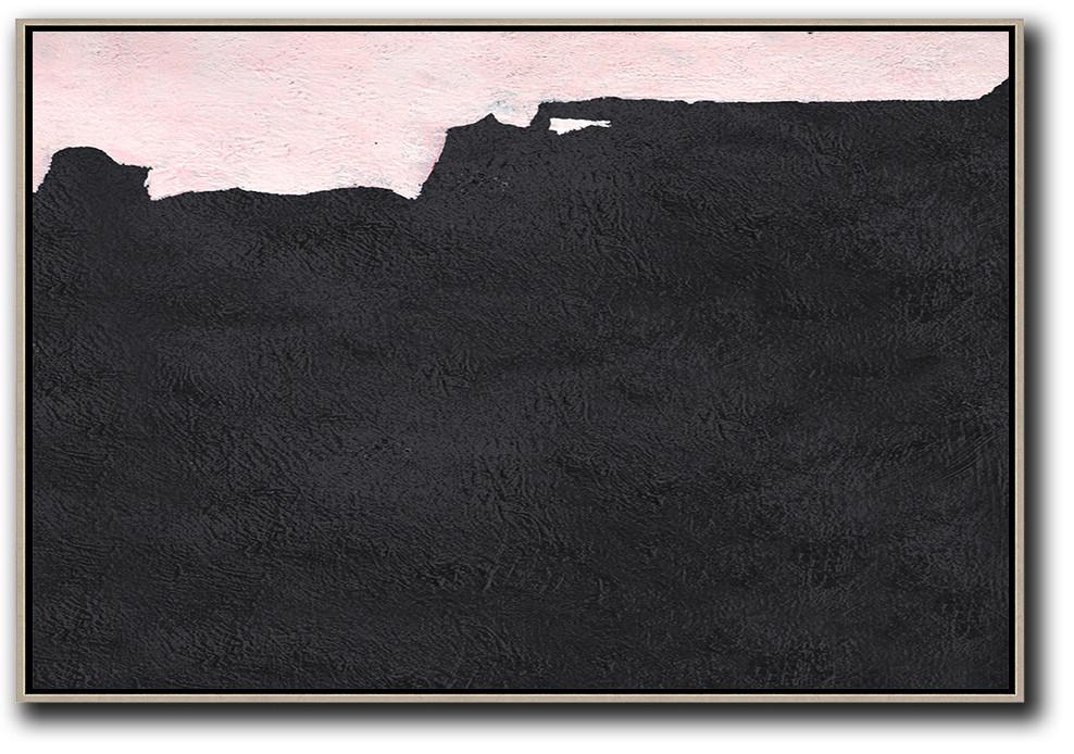 Hand-Painted Oversized Horizontal Minimal Art On Canvas, Black And Pink Minimalist Painting - Giclee Art Foyer Huge